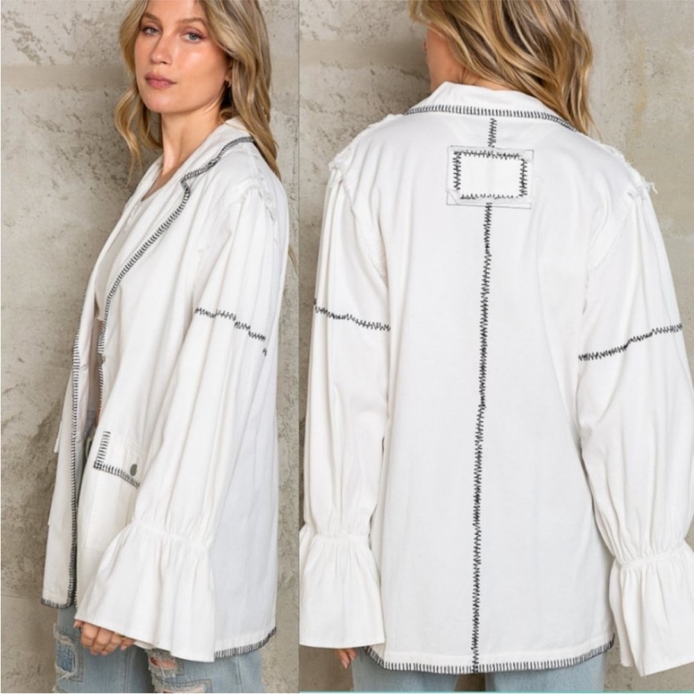 POL White Cotton Outseam Jacket with Black Contrasting stitching - Picture 3 of 11